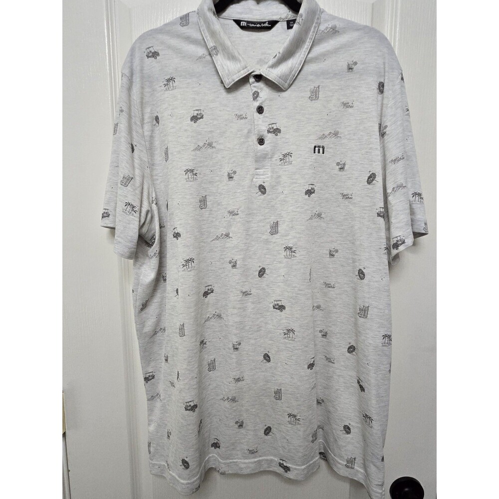 Travis Mathew Polo Shirt Mens 2XL Gray Palm Tree Golf Cart Print  Short Sleeve